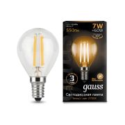 Лампа светодиодная LED 7 Вт 550 Лм 2700К теплая Е14 Шар шаг. диммирование Filament Gauss 105801107-S